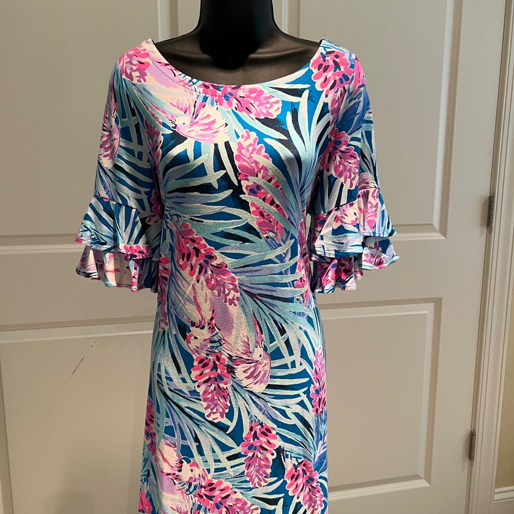 Floral Ruffle Sleeve Dress in Blue and Pink